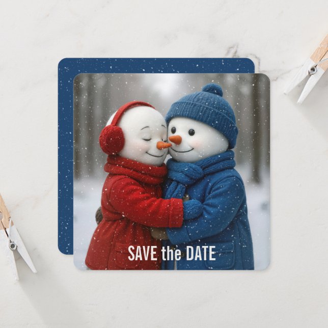 Save The Date Snowman Couple in Snowflakes Card (Front/Back In Situ)