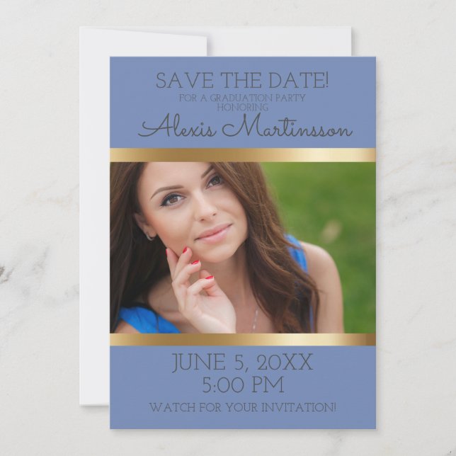 Save The Date Soft Blue Gold Graduation Party Save Date Photo (Devant)