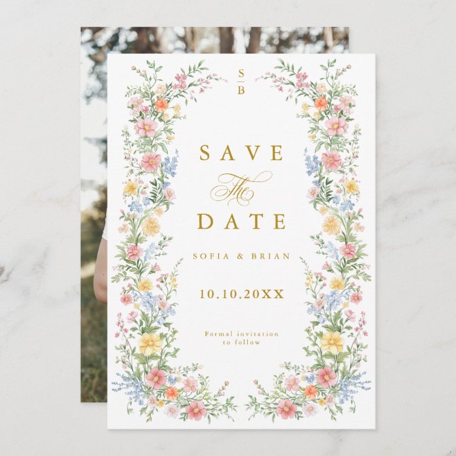 Save The Date Soft Pastel Ornate Spring Garden Gold Wedding (Devant / Derrière)