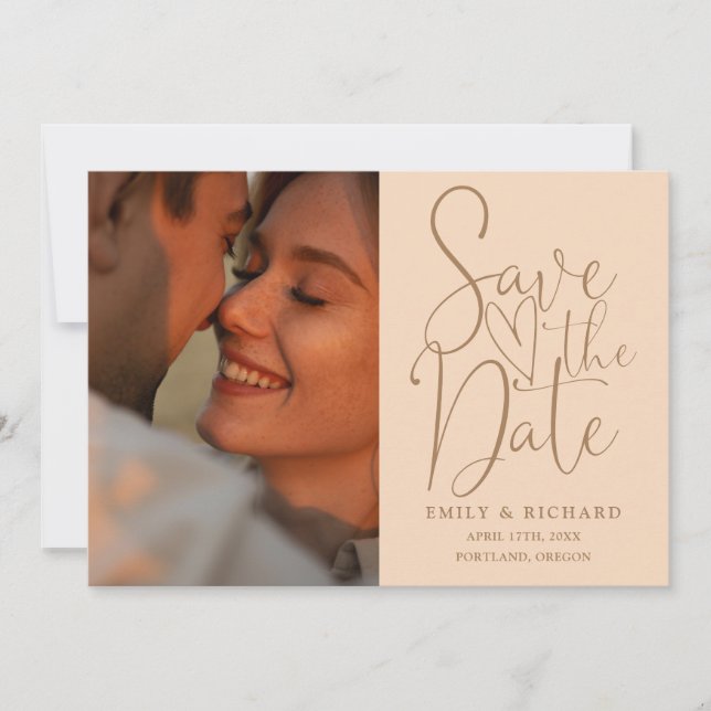 Save The Date Soft Peach Mariage 2 Photo QR Code Élégant Script (Devant)