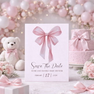 Save The Date Soft Pink Bow Girl Baby Shower