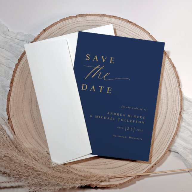Save The Date Soft Romantic Navy Mariage bleu et or (Modern save the date cards navy blue with gold)