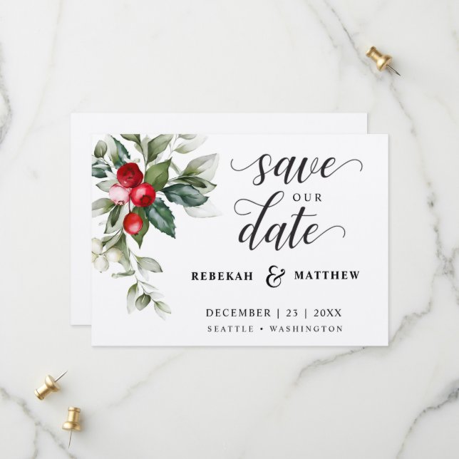 Save The Date Soft Winter Berry Mariage de Noël (Devant/Arrière en situation)