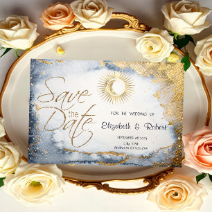 Save The Date Soleil d'or céleste, Lune, Étoiles Aquarelle