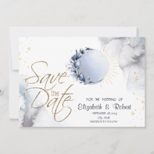 Save The Date Soleil doré céleste, lune bleue, étoiles