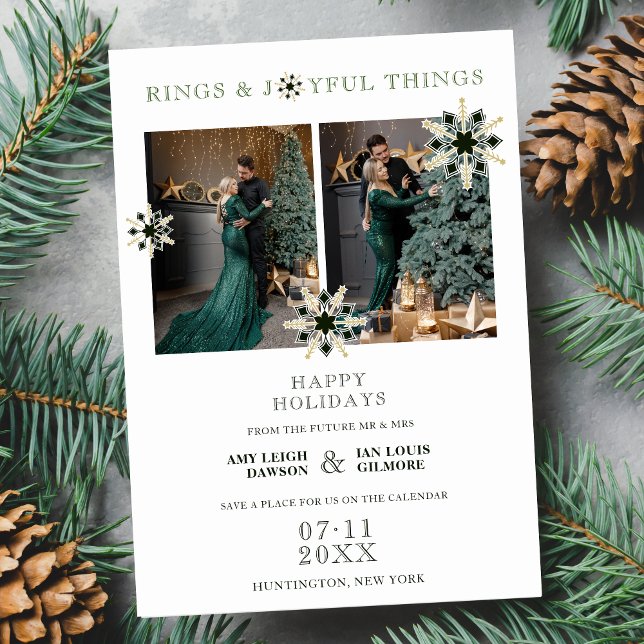 Save The Date Sophisticated Exquisite Christmas Snowflakes (Sophisticated Exquisite Christmas Snowflakes Green and Faux Gold 2 Multi Photos Collage Holiday Card)
