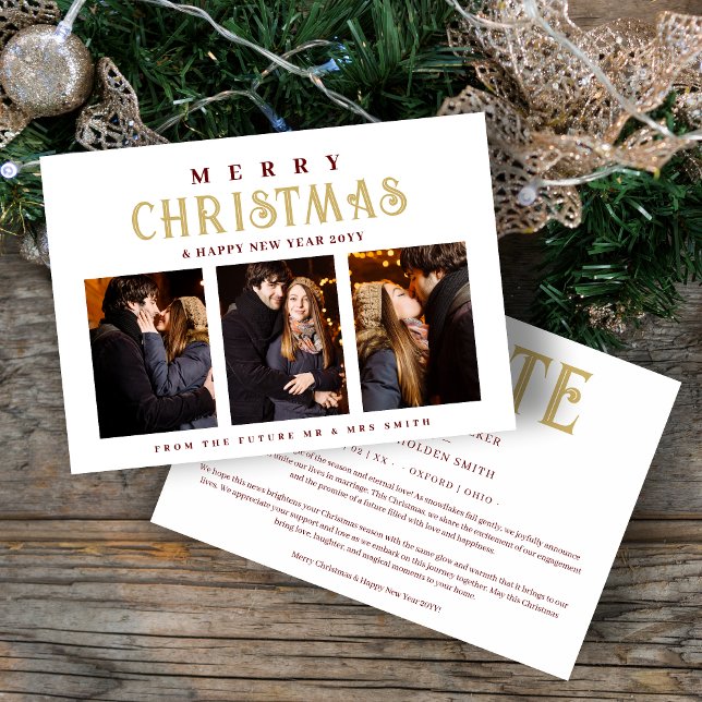 Save The Date Sophisticated Simple Classic Calligraphy 3 Photos (Sophisticated Simple Classic Calligraphy 3 Multi Photo Merry Christmas in Fake Gold & Dark Red.)