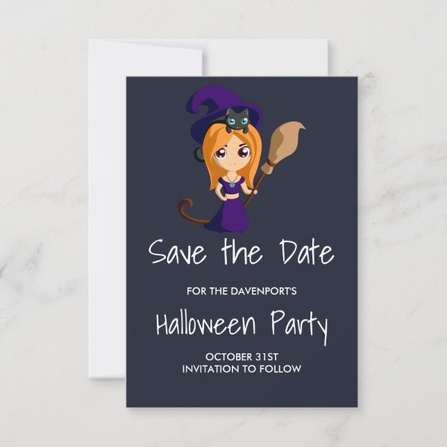 Save The Date Sorcière mignonne en Casquette violet Halloween En (Devant)