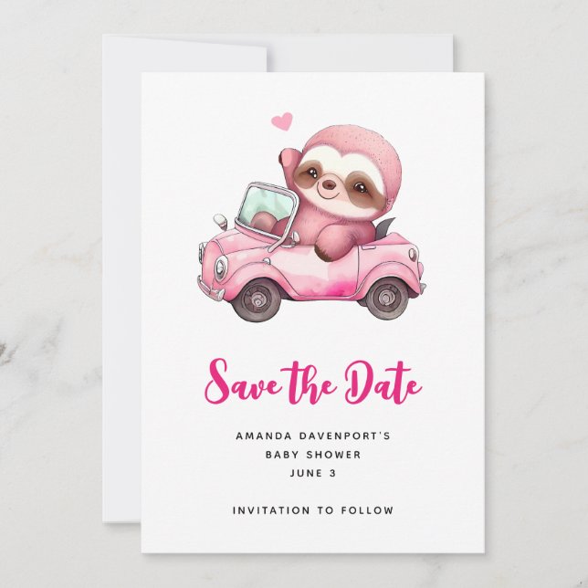 Save The Date Sourire rose Sloth conduisant une convertible (Devant)
