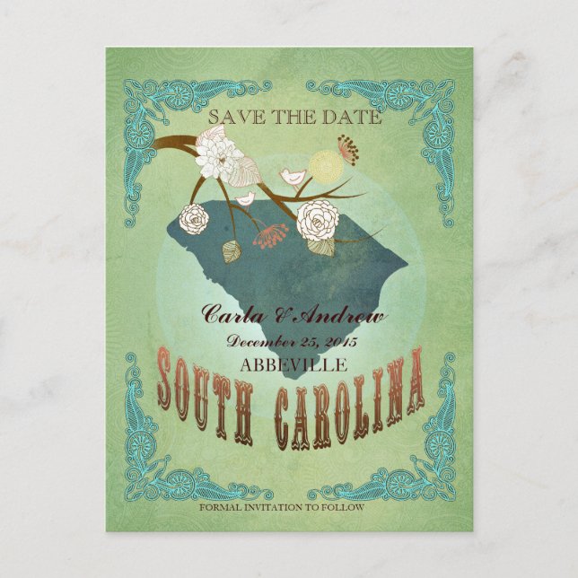Save The Date- South Carolina Map With Lovely Bird Announcement Postcard (Front)