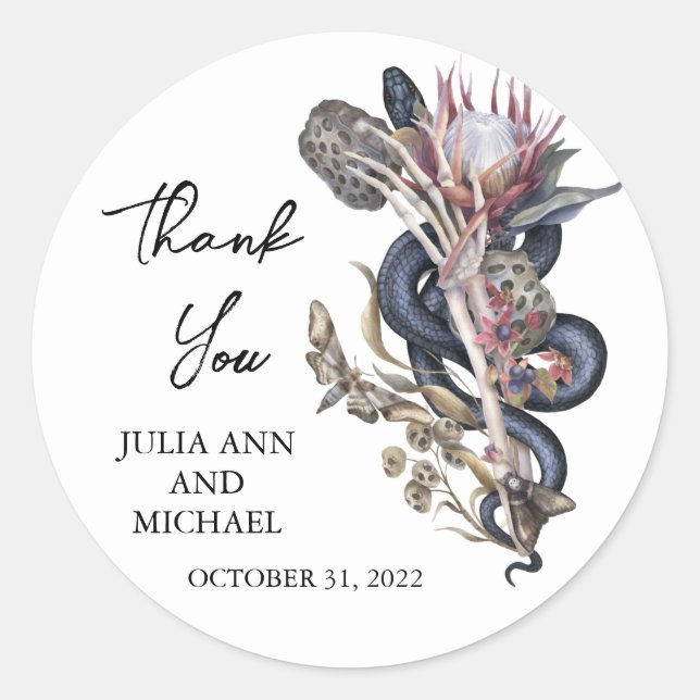 Save the Date Spooky Halloween Floral Snake Classic Round Sticker (Front)