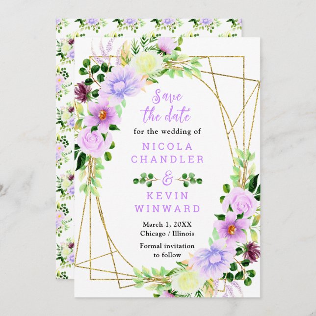 Save The Date Spring Purple Flowers with Foliage (Devant / Derrière)