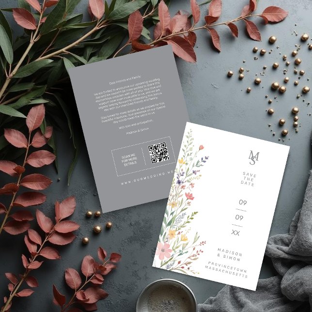 Save The Date Spring Sweet Wildflowers Branches Wedding Gray (Spring Sweet Wildflowers Branches Wedding Save the Date Card with Back QR Code and Soft Gray Back.)