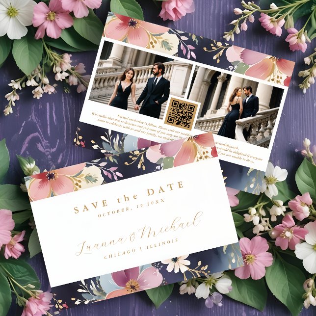 Save The Date Springtime Beautiful Abstract Floral Two Photos (Springtime Beautiful Abstract Floral Soft Watercolor Hues Wedding Save the Dates Cards with 2 Photos)