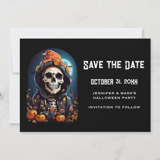 Save The Date Squelette déplaisant & Halloween Citrouille d'auto (Devant)