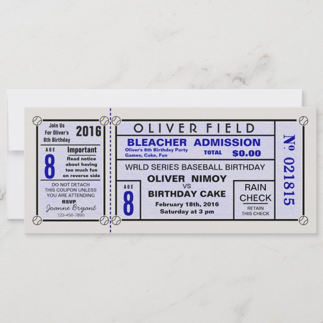 Save The Date Stade Ticket Baseball Blue Anniversaire (Devant)