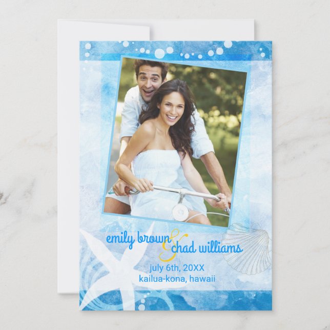 Save The Date Starfish Garden Blue Beach Wedding Sauvez la date (Devant)