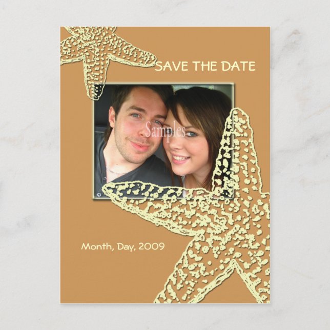 Save the Date, starfish + sand Announcement Postcard (Front)