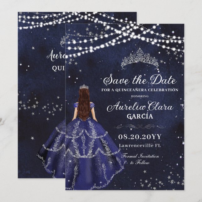 Save The Date Starry Night Navy Blue Gown Silver Quinceañera (Devant / Derrière)