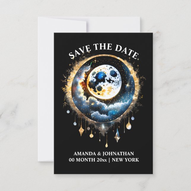 Save The Date Starry nuit pleine lune céleste ciel bleu or (Devant)