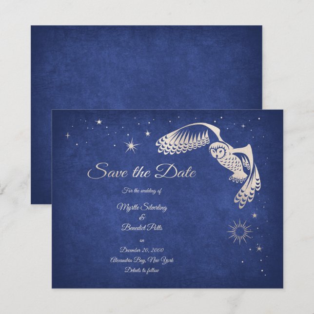 Save The Date Stars Owl Blue Wizard Magic Mariage (Devant / Derrière)