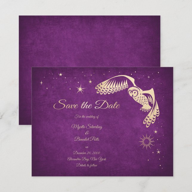 Save The Date Stars Owl Purple Wizard Magic Mariage (Devant / Derrière)