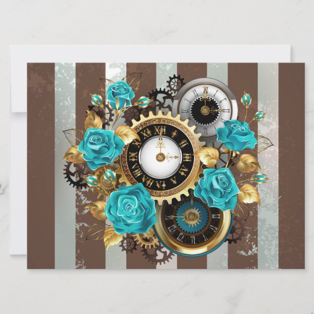 Save The Date Steampunk Clock and Turquoise Roses on Striped (Devant)