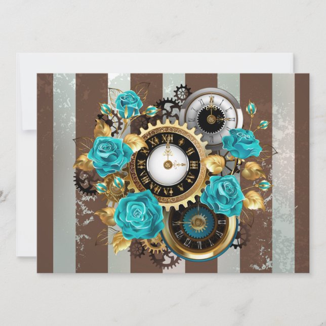 Save The Date Steampunk Clock and Turquoise Roses on Striped (Devant)