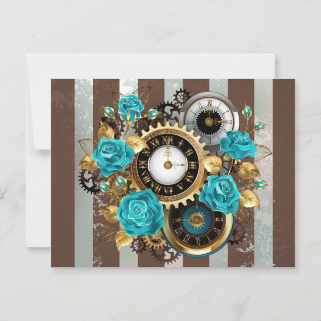 Save The Date Steampunk Clock and Turquoise Roses on Striped (Devant)