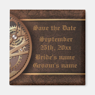 Save the date steampunk gears gold brown magnet