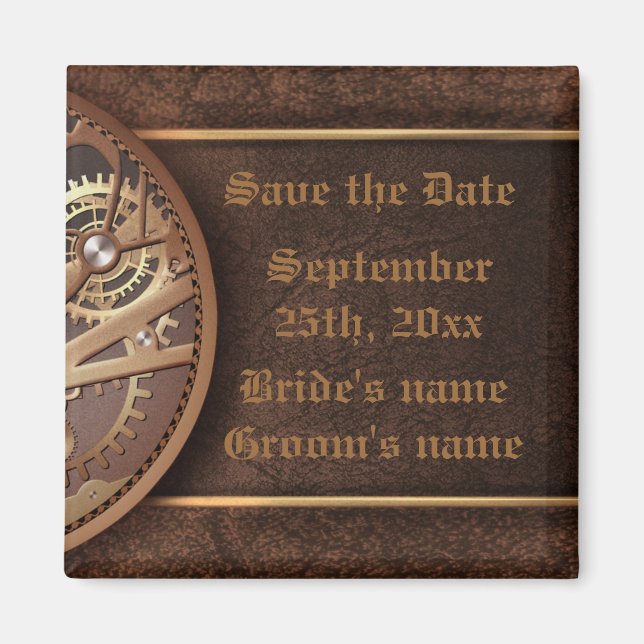Save the date steampunk gears gold brown magnet (Front)