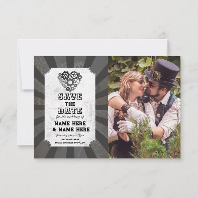 Save The Date Steampunk Wedding Hearts Photo (Front)