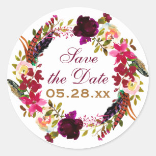 Save the Date Sticker - Burgundy Floral, Feathers