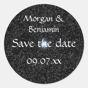 Save the date stickers, Silver Stars on Black Classic Round Sticker