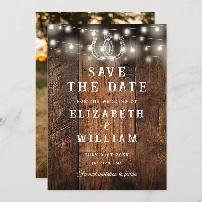 Save The Date String Lights Barn Wood Photo Western Wedding  (Devant / Derrière)