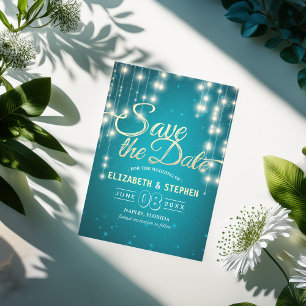 Save The Date String Lights Turquoise Gold Script Enregistrer La