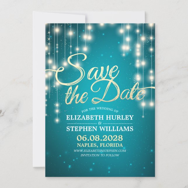 Save The Date String Lights Turquoise Gold Script Enregistrer La (Devant)