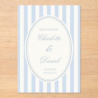 Save the Date Stripe Custom Pastel Blue Coastal Acrylic Invitations