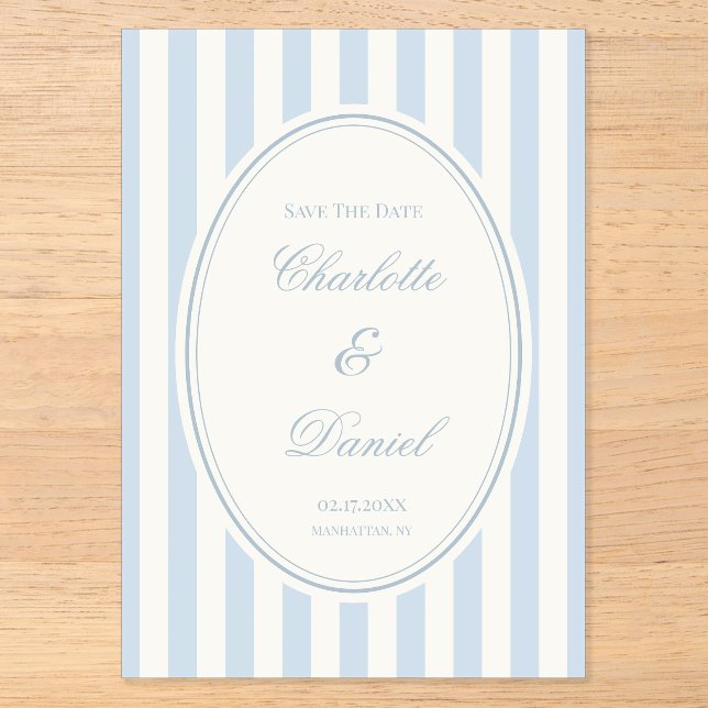 Save the Date Stripe Custom Pastel Blue Coastal Acrylic Invitations (Front)