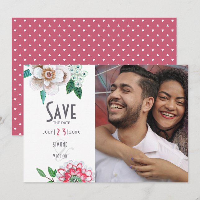 Save The Date Style blanc et rouge floral photo Enregistrer la d (Devant / Derrière)