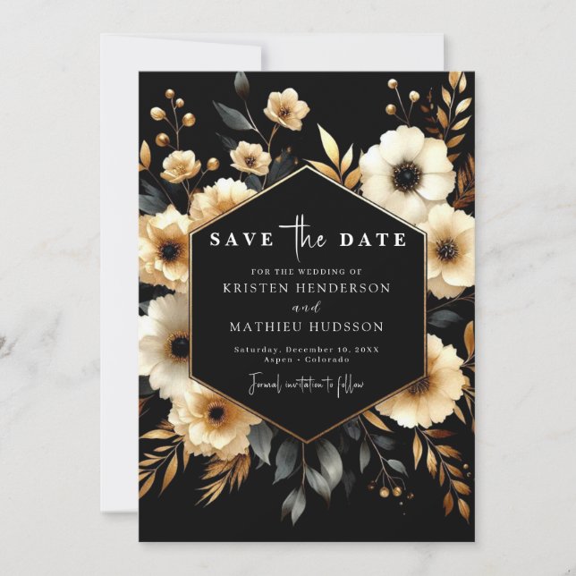 Save The Date Style Botanique Or et Mariage noir (Devant)