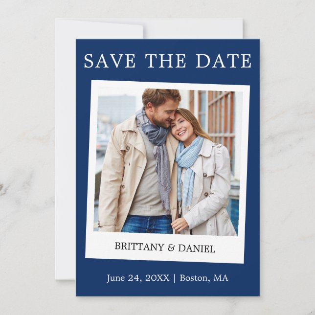 Save The Date Style Caméra instantanée Couple Photo bleu (Devant)