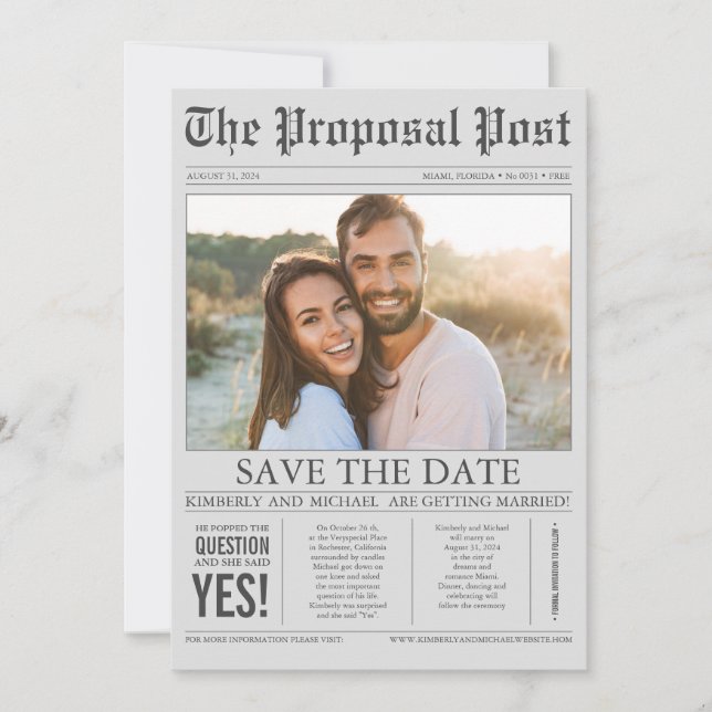 Save The Date Style de journal Fun Grey Enregistrer la date Phot (Devant)