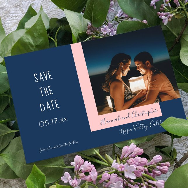 Save The Date Style moderne bleu rose photo Mariage simple (Créateur téléchargé)