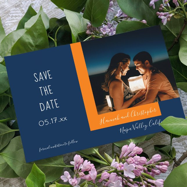 Save The Date Style moderne Blue Orange Photo Mariage simple (Créateur téléchargé)