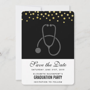 Save The Date Stylish Graduation Party Gris sur Black Stethoscop