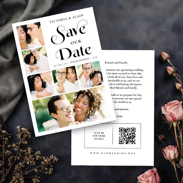 Save The Date Stylish Modern Minimalist 6-Photo Collage Wedding  (Stylish Modern Minimalist 6-Photo Collage Wedding Save the Date with QR Code.)