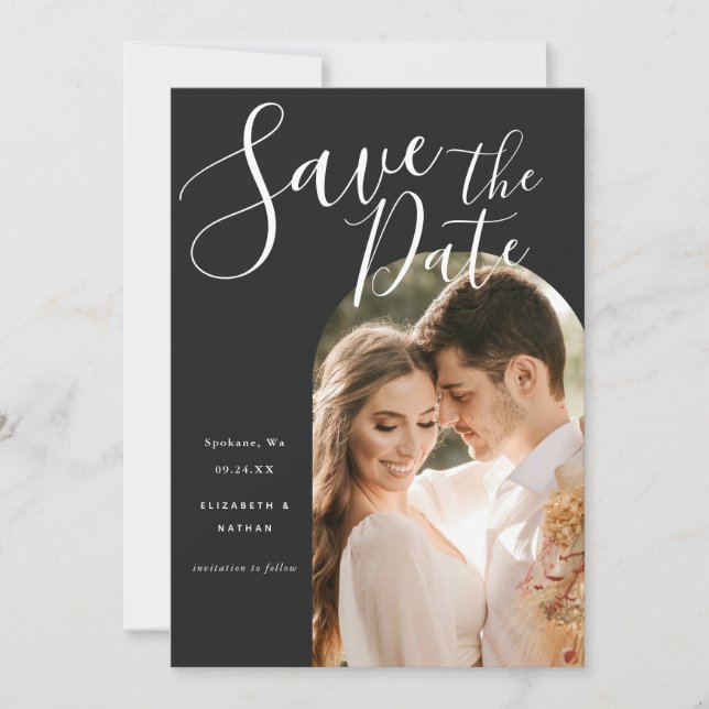 Save The Date Stylish Script Arch Frame Photo  (Devant)