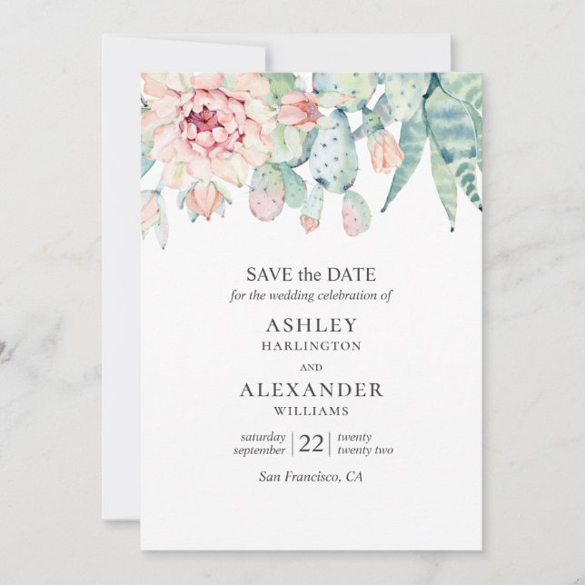 Save The Date Succulentes florales à l'aquarelle. Cactus bleu et (Devant)