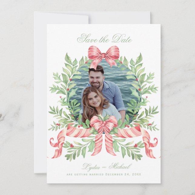 Save The Date Sucre de canne de couronne de Noël Bow | Photo (Devant)